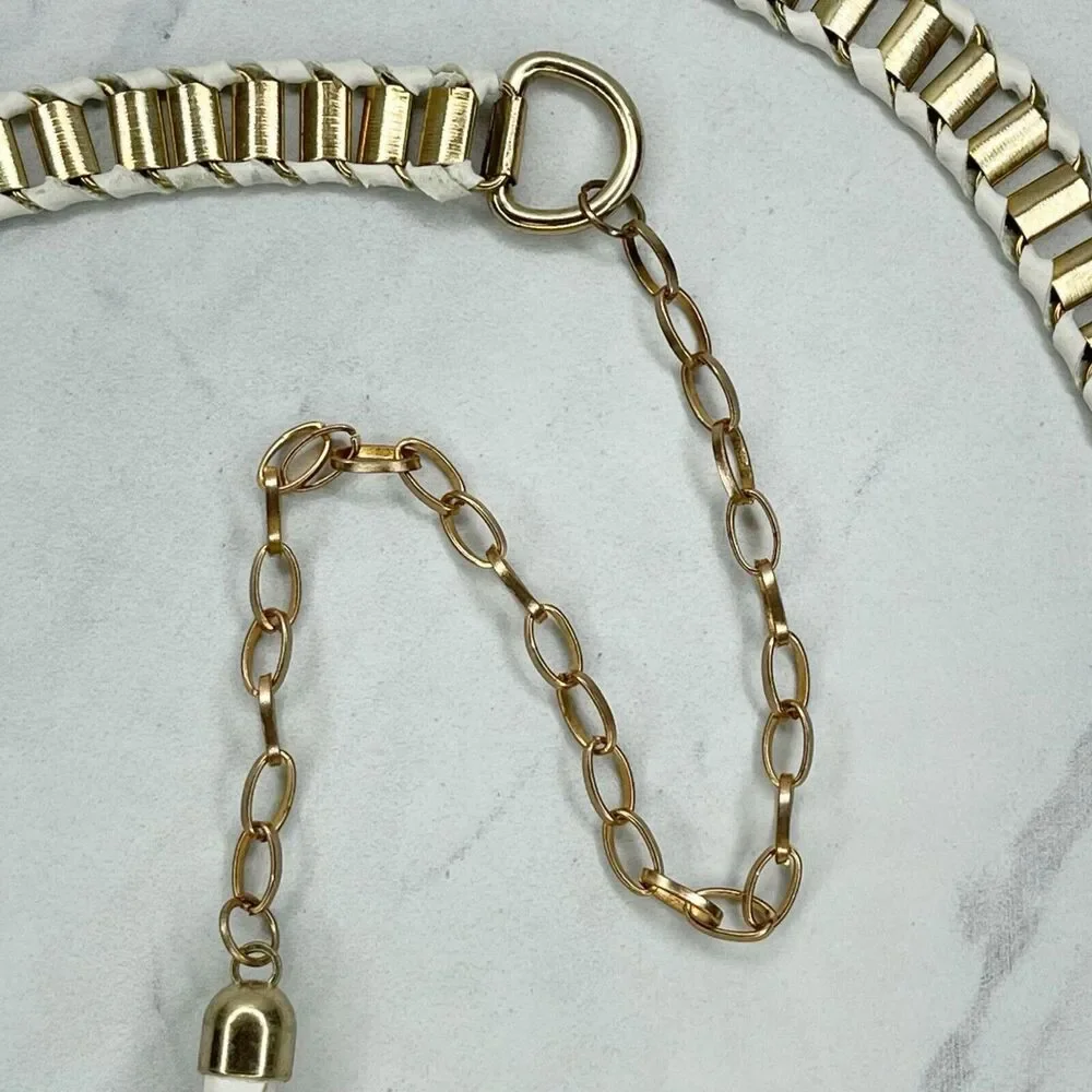 Gold White Faux Leather Woven Chain Link Belt - Size M/L - 32